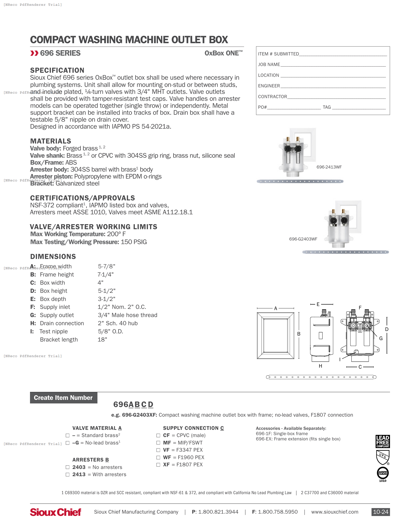 696 SERIES - OXBOX ONE - COMPACT WASHING MACHINE OUTLET BOX.PDF Specification Document